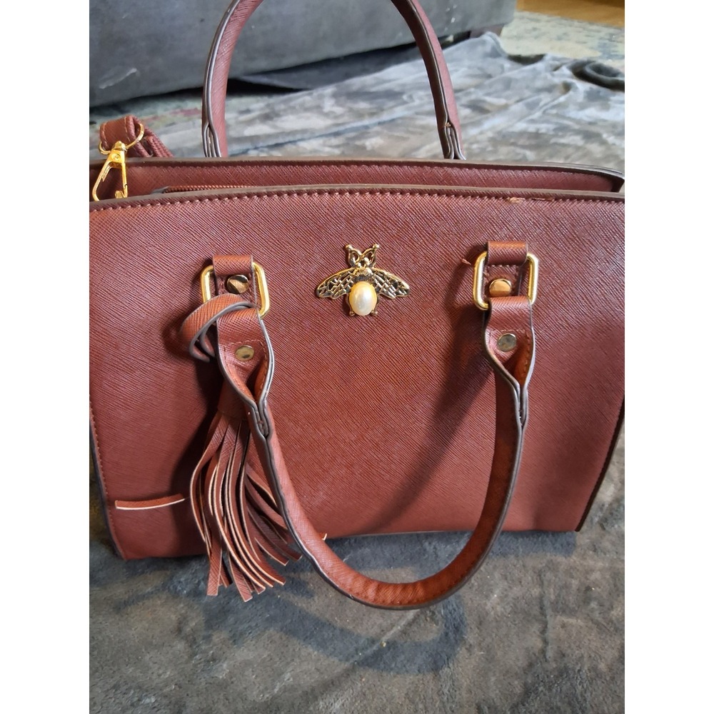 Brown Structured Satchel Bee Accent Tassel Gold Hardware Top Handle Shoulder Bag - Picture 8 of 16